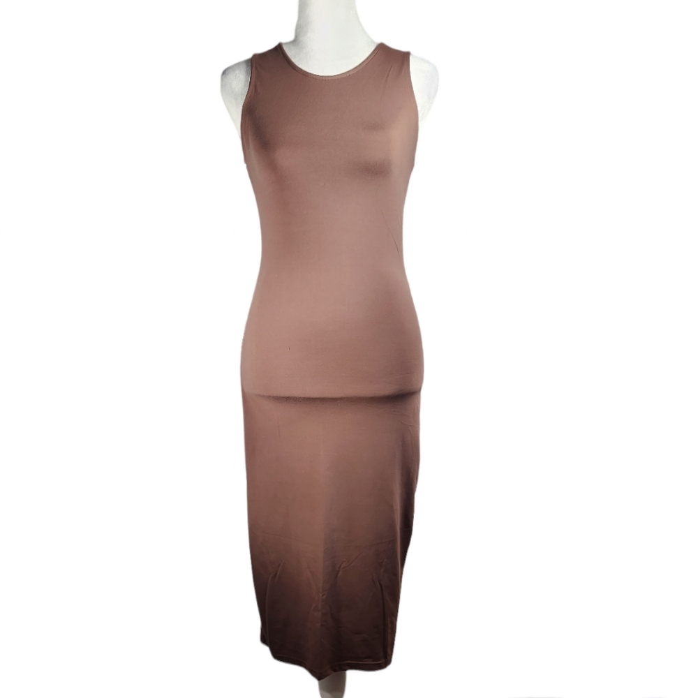 Sleeveless Solid Form Fitting Midi Summer Dress -Mocha Brown